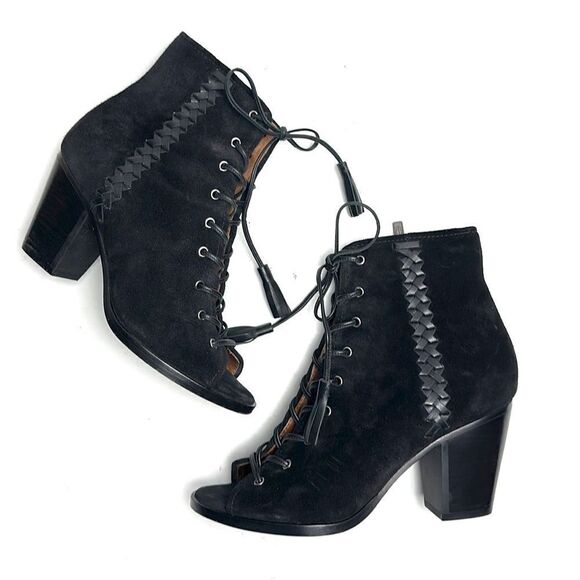 Frye Black Suede Leather Dani
Whipstitch Peep Toe Lace zip Booties block Heel 8 - Picture 5 of 13